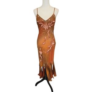 Morrell Maxie 100% Silk Foral Beaded Midi Gown in Gold/Rust Size 6 Lined